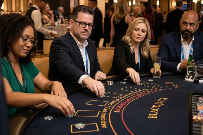 Gracze obstawiający żetony przy stole blackjacka