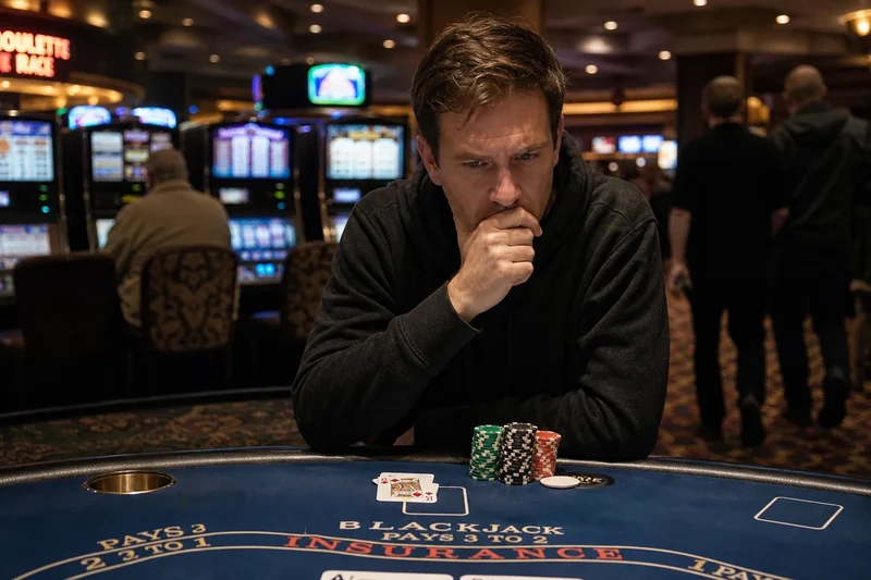 Gracz podejmujący decyzję przy stole blackjacka