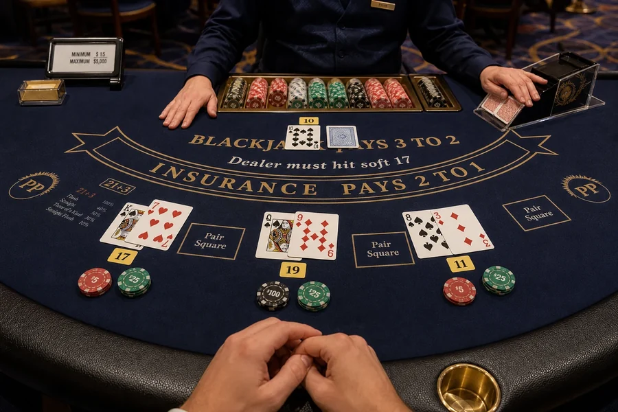 Profesjonalny stół do blackjacka z kartami i żetonami
