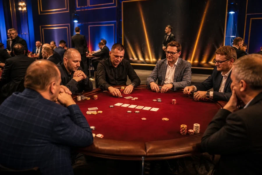 Profesjonalny stół do pokera Texas Hold'em z kartami i żetonami