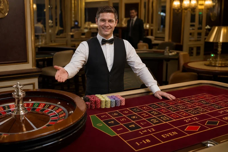 Krupier witający graczy przy stole ruletki europejskiej