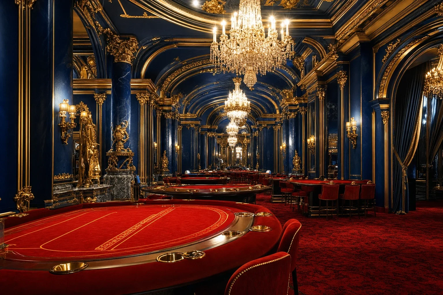 Klasyczne kasyno – elegancka sala w stylu Monte Carlo z czerwonym aksamitem i złotymi akcentami